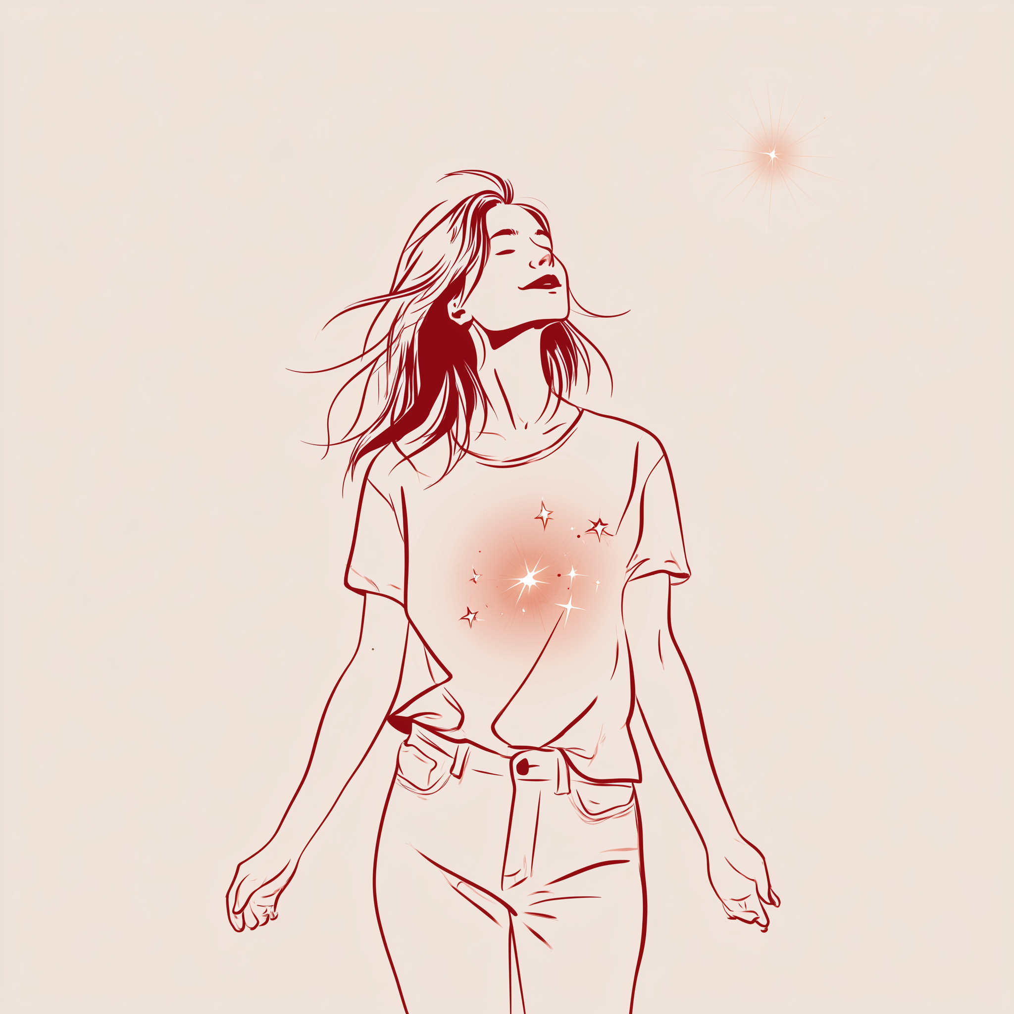 Illustration: woman standing with eyes closed, head tilted back, small glowing stars at her chest, a soft sun in the sky above her