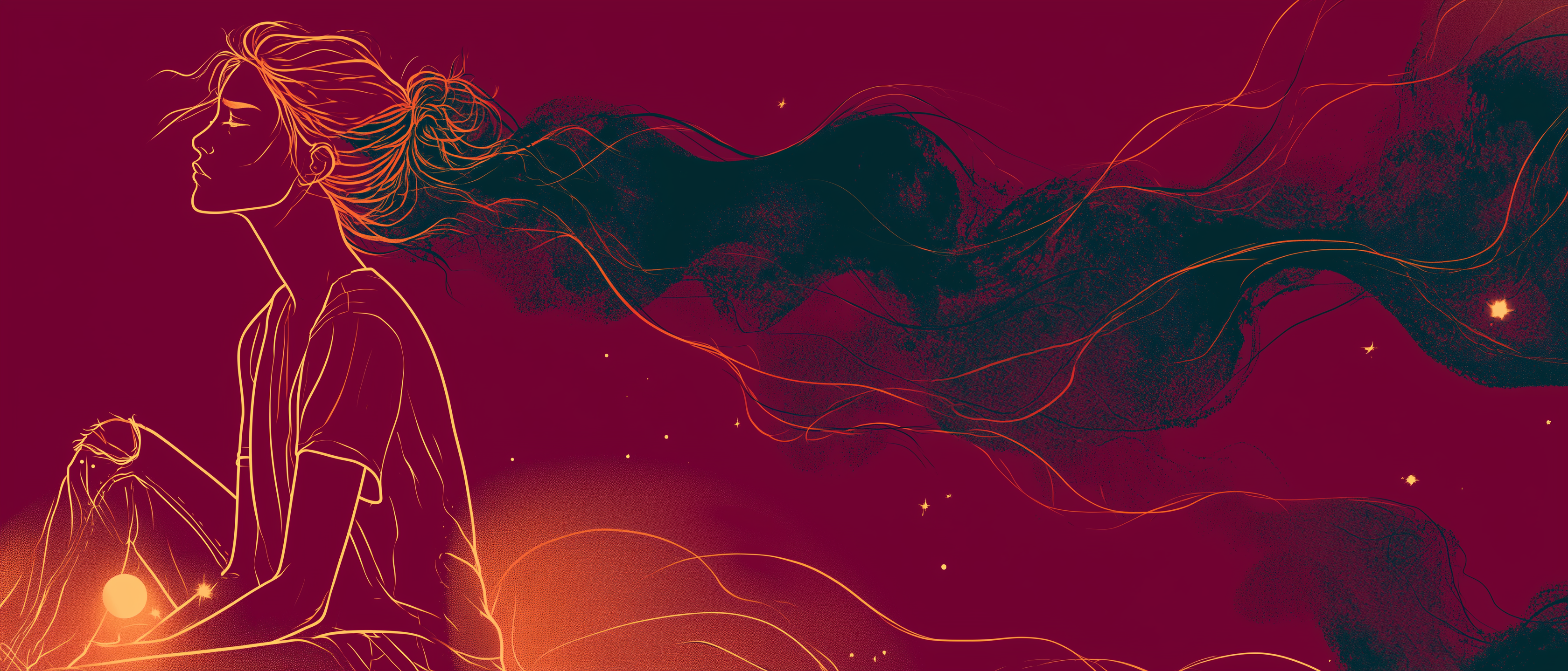 Illustration: woman dissolving a dark smoke-swirl near her head, stars breaking through